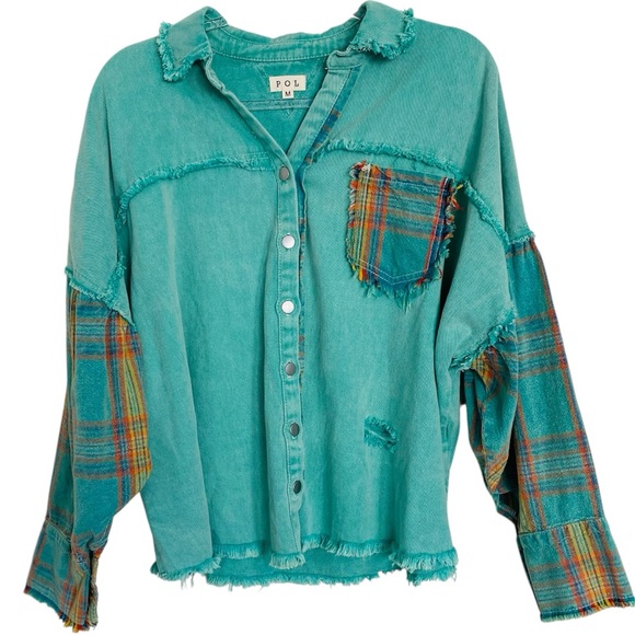 POL Jackets & Blazers - POL Shacket Women’s Medium Teal Denim Plaid Patchwork Distressed Oversized